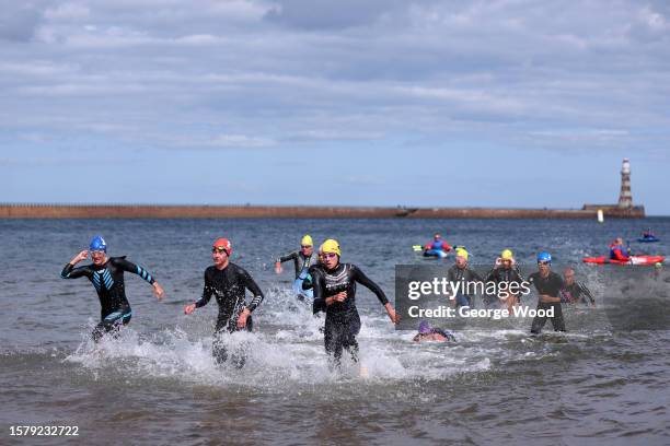 Athletes compete in the Elite Women's race during the World Triathlon Series Sunderland at Roker Beach on July 29, 2023 in Sunderland, England.