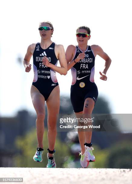 Cassandre Beaugrand and Emma Lombardi of France compete in the Elite Women's race during the World Triathlon Series Sunderland at Roker Beach on July...