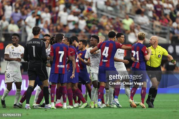 Players of Barcelona and Real Madrid argue during the pre-season friendly match between FC Barcelona and Real Madrid at AT&T Stadium on July 29, 2023...