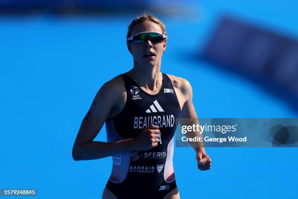 Cassandre Beaugrand of France approaches the finish line ibefore winning the Elite Women's race during the World Triathlon Series Sunderland at Roker...