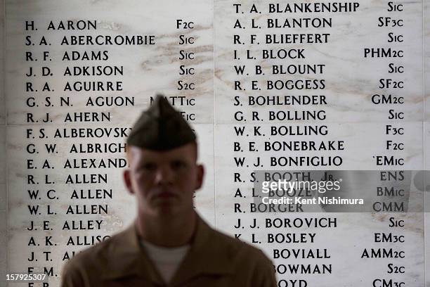 Names sit etched on the Remembrance Wall in the shrine room of the U.S.S. Arizona Memorial at the 71st Annual Memorial Ceremony commemorating the...