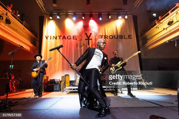 Nalle Colt, Ty Taylor and Rick Barrio Dill of Vintage Trouble perform on stage at The Queen's Hall on July 29, 2023 in Edinburgh, Scotland.
