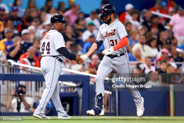 Riley Greene of the Detroit Tigers rounds the bases after hitting a home run against the Miami Marlins during the sixth inning at loanDepot park on...