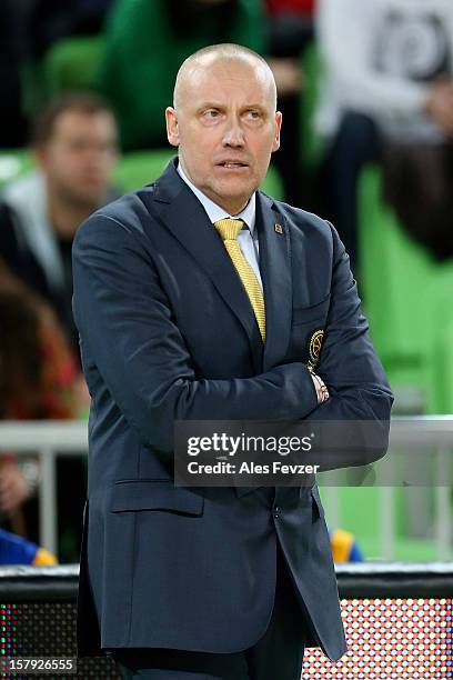 Rimas Kurtinaitis, Head Coach of BC Khimki Moscow Region, watches during the 2012-2013 Turkish Airlines Euroleague Regular Season Game Day 9 between...