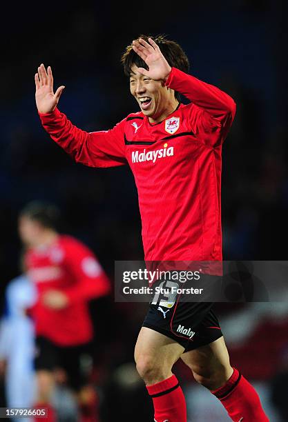 Cardiff player Kim Bo-Kyung celebrates his goal during the npower Championship match between Blackburn Rovers and Cardiff City at Ewood park on...