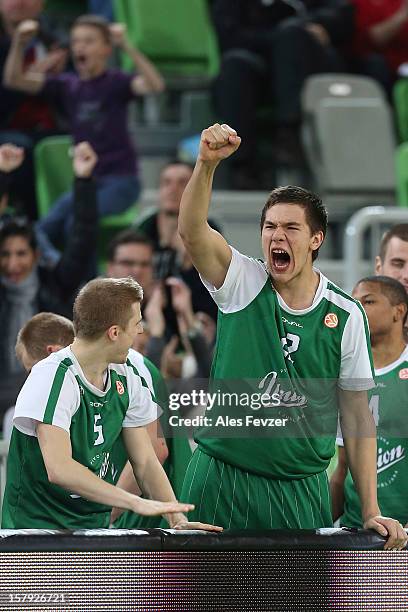 Emir Sulejmanovic, #22 of Union Olimpija Ljubljana reacts during the 2012-2013 Turkish Airlines Euroleague Regular Season Game Day 9 between Union...