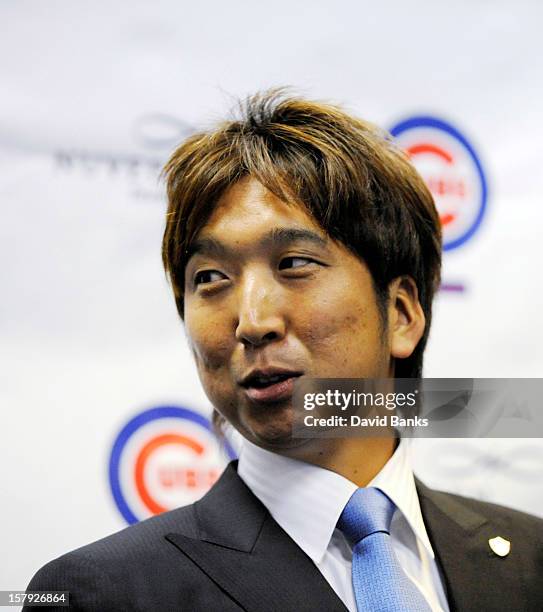 Chicago Cubs new pitcher Kyuji Fujikawa is introduced to the media on December 7, 2012 at Wrigley Field in Chicago, Illinois.