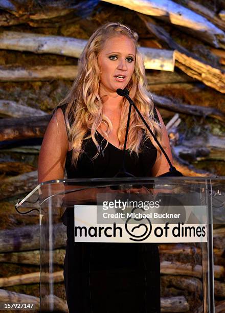 Kim Roscoe speaks onstage during the 7th Annual March of Dimes Celebration of Babies, a Hollywood Luncheon, at the Beverly Hills Hotel on December 7,...