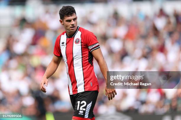 John Egan of Sheffield United looks on during the pre-season friendly match between Derby County and Sheffield United at Pride Park on July 29, 2023...