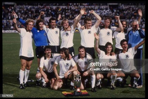 Germany celebrate after winning the final of the European nations cup against Belgium, in Rome Italy. Mandatory Credit: Allsport UK