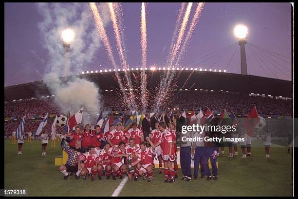 Denmark celebrate victory over Germany in the final of the European nations cup by 2-0 in Gothenburg, Sweden Mandatory Credit: Allsport UK