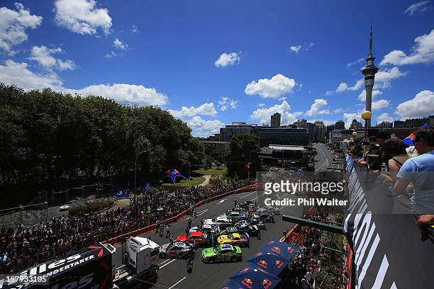 The compeditors line up to compete in the Red Bull Drift Shifters along Victoria Street on December 8, 2012 in Auckland, New Zealand.