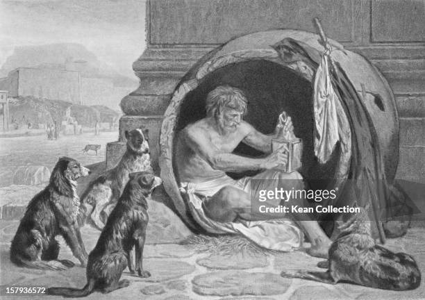 Greek philosopher Diogenes of Sinope , also known as Diogenes the Cynic, circa 350 BC. He is depicted living on the streets in a large jar, and...