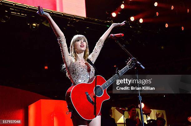 Singer Taylor Swift performs onstage during Z100's Jingle Ball 2012 presented by Aeropostale at Madison Square Garden on December 7, 2012 in New York...
