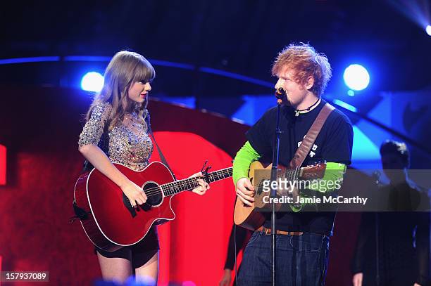 Taylor Swift and Ed Sheeran perform onstage during Z100's Jingle Ball 2012, presented by Aeropostale, at Madison Square Garden on December 7, 2012 in...