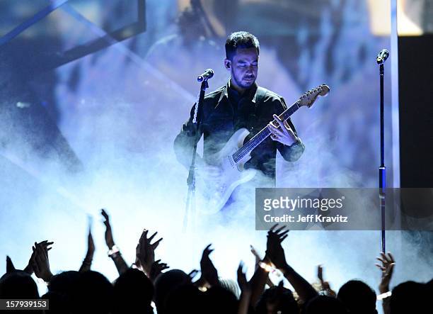 Musician Mike Shinoda of Linkin Park speaks onstage during Spike TV's 10th annual Video Game Awards at Sony Pictures Studios on December 7, 2012 in...