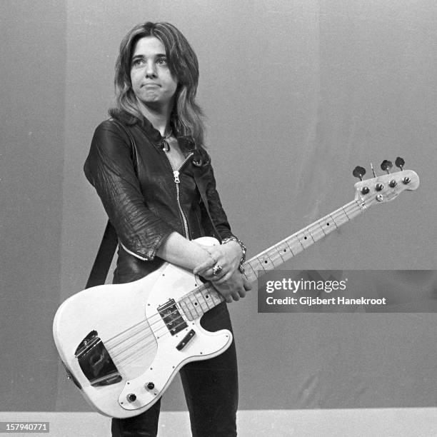 American singer and bass guitarist Suzi Quatro posed in Amsterdam, Netherlands in 1973.