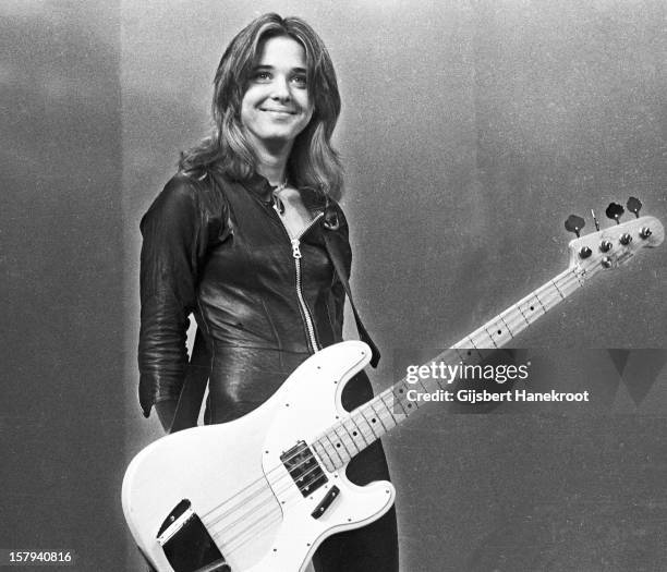 American singer and bass guitarist Suzi Quatro posed in Amsterdam, Netherlands in 1973.