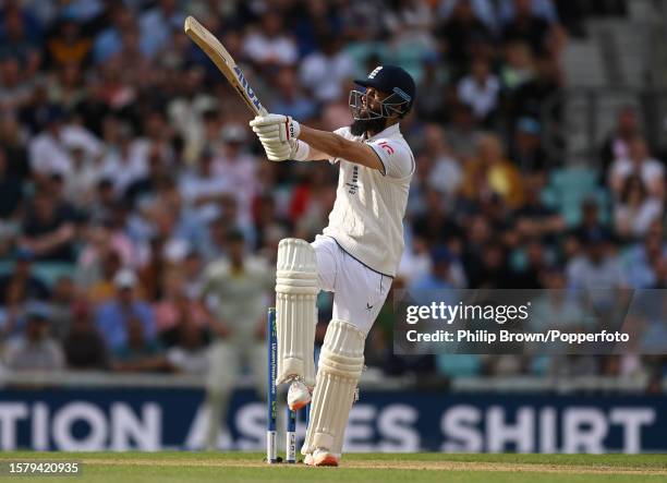 Moeen Ali of England hits a four during the third day of the 5th Test between England and Australia at The Kia Oval on July 29, 2023 in London,...