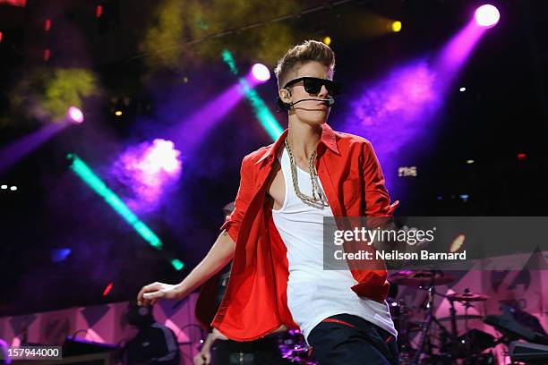 Justin Bieber performs onstage during Z100's Jingle Ball 2012, presented by Aeropostale, at Madison Square Garden on December 7, 2012 in New York...