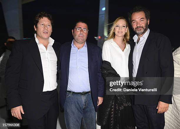 Arpad Busson, Uma Thurman and Remo Ruffini attend a private dinner celebrating Remo Ruffini and Moncler's 60th Anniversary during Art Basel Miami...