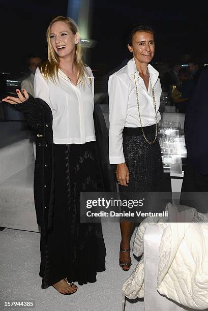 Actress Uma Thurman and Francesca Ruffini attend a private dinner celebrating Remo Ruffini and Moncler's 60th Anniversary during Art Basel Miami...