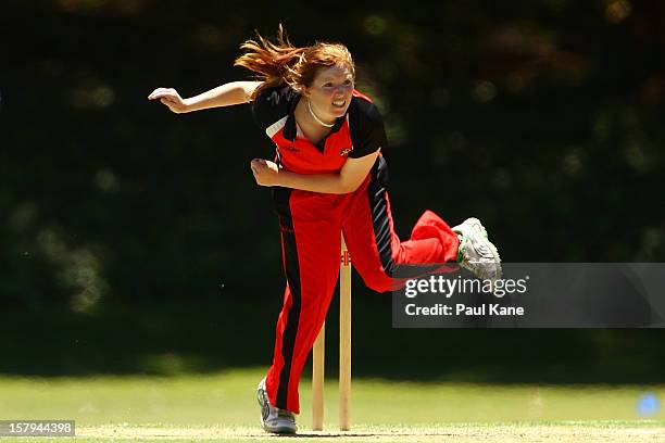 Kiara Stockley of the Scorpions bowls during the WNCL match between the Western Australia Fury and the South Australia Scorpions at Christ Church...