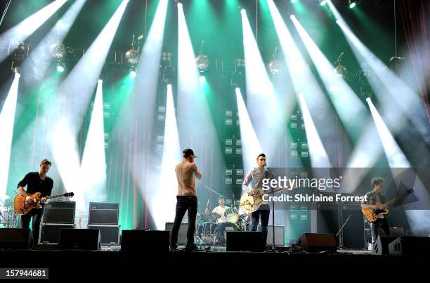 Liam Fray, Daniel 'Conan' Moores, Michael Campbell and Mark Cuppello of The Courteeners soundcheck before their homecoming show at Manchester Arena...