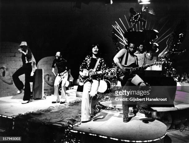 1st JANUARY: English group Hot Chocolate perform live on stage at Hilversum, Netherlands in 1974.