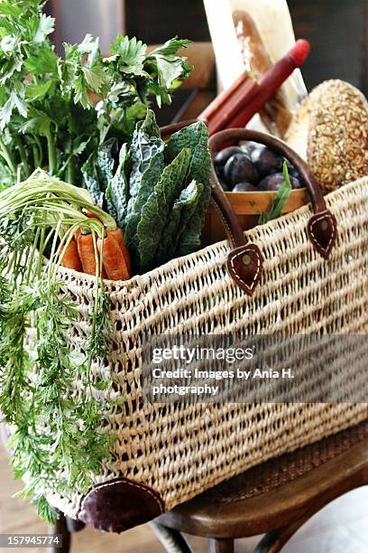 market basket filled with vegetables, fruit, bread - rhubarb bread stock pictures, royalty-free photos & images