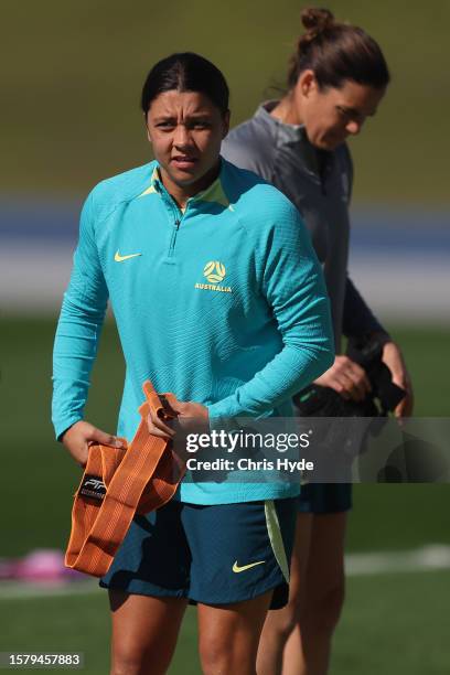 Sam Kerr during an Australia Matildas training session during the the FIFA Women's World Cup Australia & New Zealand 2023 at QSAC on July 30, 2023 in...