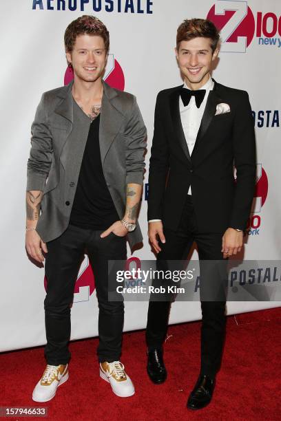 Nash Overstreet and Ryan Follese of Hot Chelle Rae attend Z100's Jingle Ball 2012 presented by Aeropostale at Madison Square Garden on December 7,...