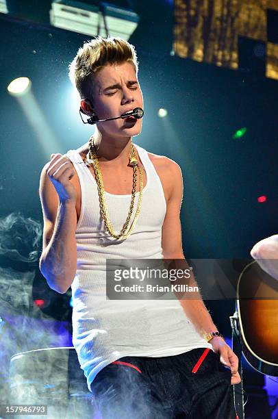 Justin Bieber performs onstage during Z100's Jingle Ball 2012 presented by Aeropostale at Madison Square Garden on December 7, 2012 in New York City.
