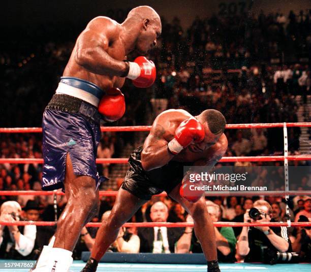 Mike Tyson v Evander Holyfield 1 in Las Vegas, Nevada, 9th November 1996. After a devastating punch from Holyfield at the end of the tenth Tyson...