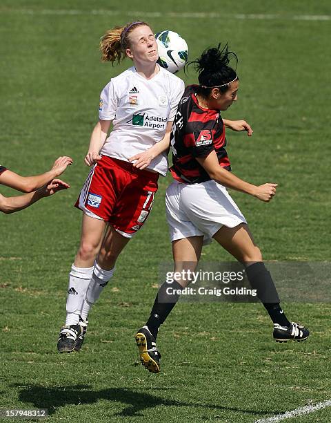 Trudy Camilleri of the Wanderers and Grace Henry of Adelaide contest the ball during the round eight W-League match between the Western Sydney...