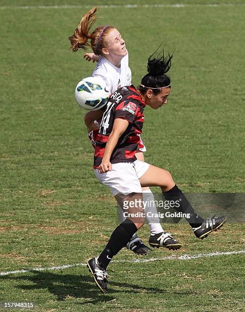 Trudy Camilleri of the Wanderers and Grace Henry of Adelaide contest the ball during the round eight W-League match between the Western Sydney...