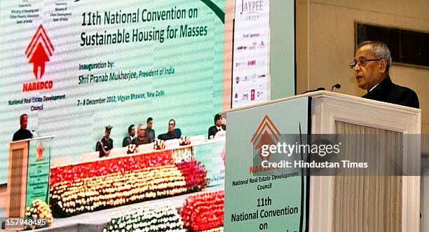 Indian President Pranab Mukherjee addresses at the inauguration of Eleventh National Convention on "Sustainable Housing Masses" at Vigyan Bhavan on...