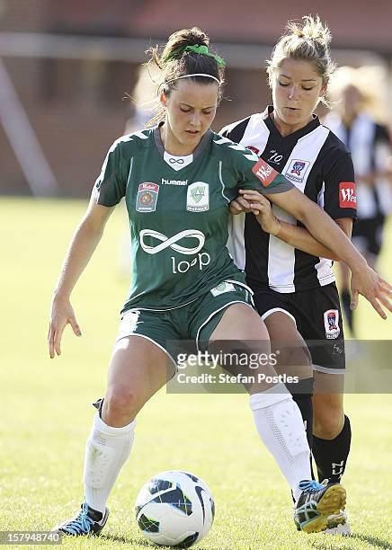Hayley Raso of Canberra United and Alisha Foote of Newcastle Jets contest possession during the round eight W-League match between Canberra United...