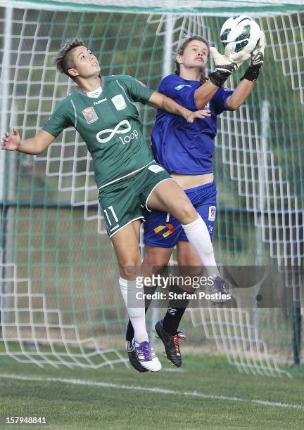 Michelle Heyman of Canberra United and Eliza Campbell of Newcastle Jets contest possession during the round eight W-League match between Canberra...