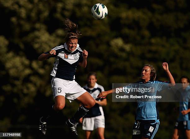 Amy Jackson of the Victory heads the ball during the round eight W-League match between the Melbourne Victory and Sydney FC at Wembley Park on...