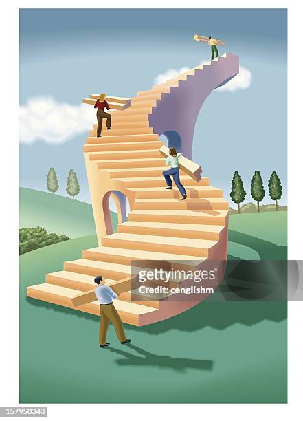 ilustraciones, imágenes clip art, dibujos animados e iconos de stock de construcción de una escalera - escalera hacia el cielo