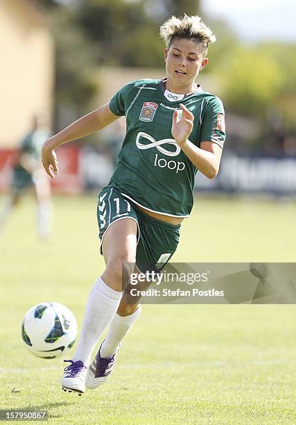 Michelle Heyman of Canberra United in action during the round eight W-League match between Canberra United and the Newcastle Jets at Deakin Football...