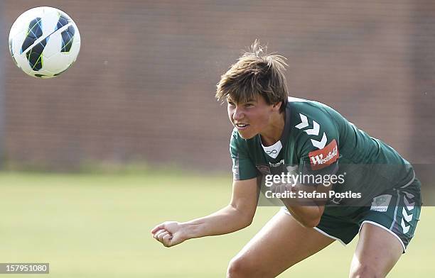 Ariane Hingst of Canberra United in action during the round eight W-League match between Canberra United and the Newcastle Jets at Deakin Football...