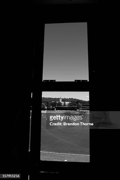 General view during an international tour match between the Chairman's XI and Sri Lanka from inside The Jack Fingleton Scoreboard at Manuka Oval on...