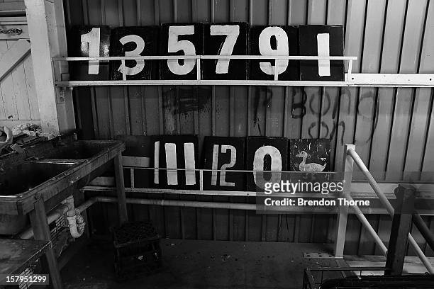 Numerical boards are stacked inside The Jack Fingleton Scoreboard during an international tour match between the Chairman's XI and Sri Lanka at...