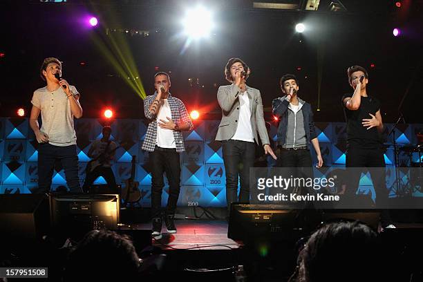 Niall Horan, Harry Styles, Liam Payne, Zayn Malik and Louis Tomlinson of One Direction performs onstage during Z100's Jingle Ball 2012, presented by...