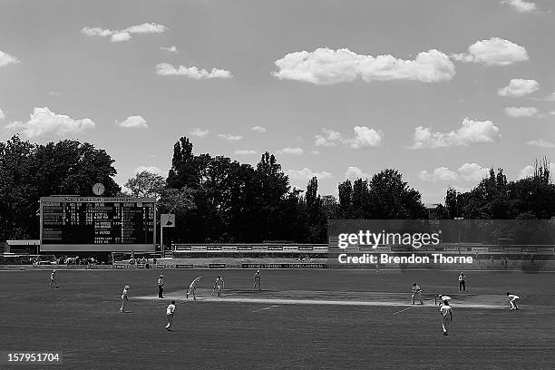 The Jack Fingleton Scoreboard stands behind play during an international tour match between the Chairman's XI and Sri Lanka at Manuka Oval on...