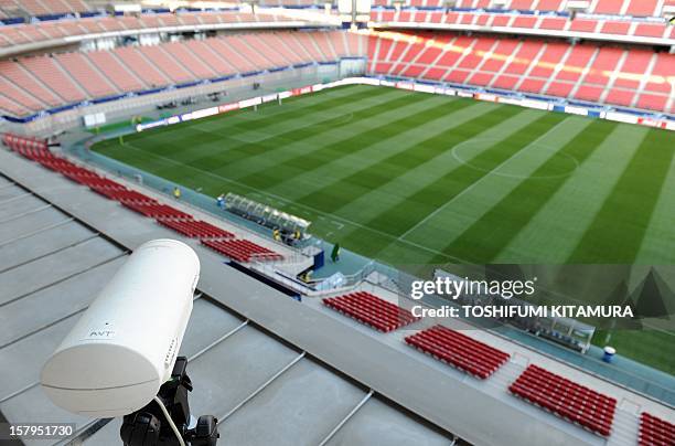 Hawk-Eye camera is pictured installed pointed toward a goal during a demonstration of the Hawk-Eye Innovations system at Toyota stadium in Toyota,...