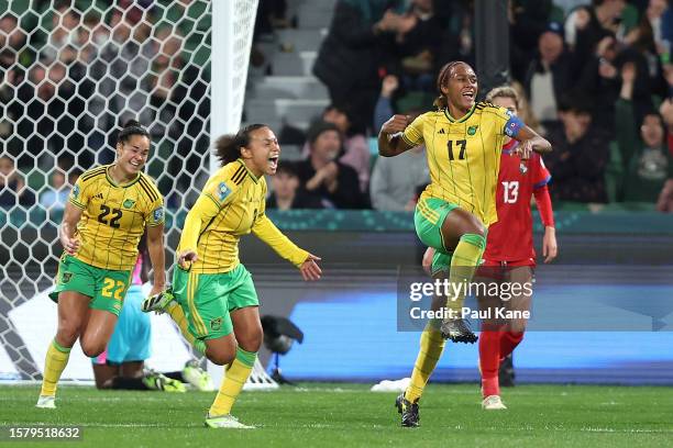 Allyson Swaby of Jamaica celebrates a goal during the FIFA Women's World Cup Australia & New Zealand 2023 Group F match between Panama and Jamaica at...
