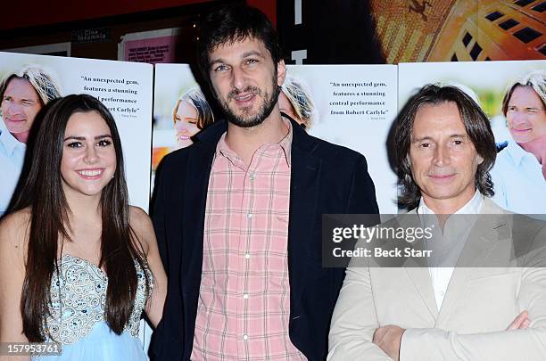 Actress Savannah Lathem, director Marshall Dewy and actor Robert Carlyle arrive at "California Solo" Los Angeles premiere at Nuart Theatre on...